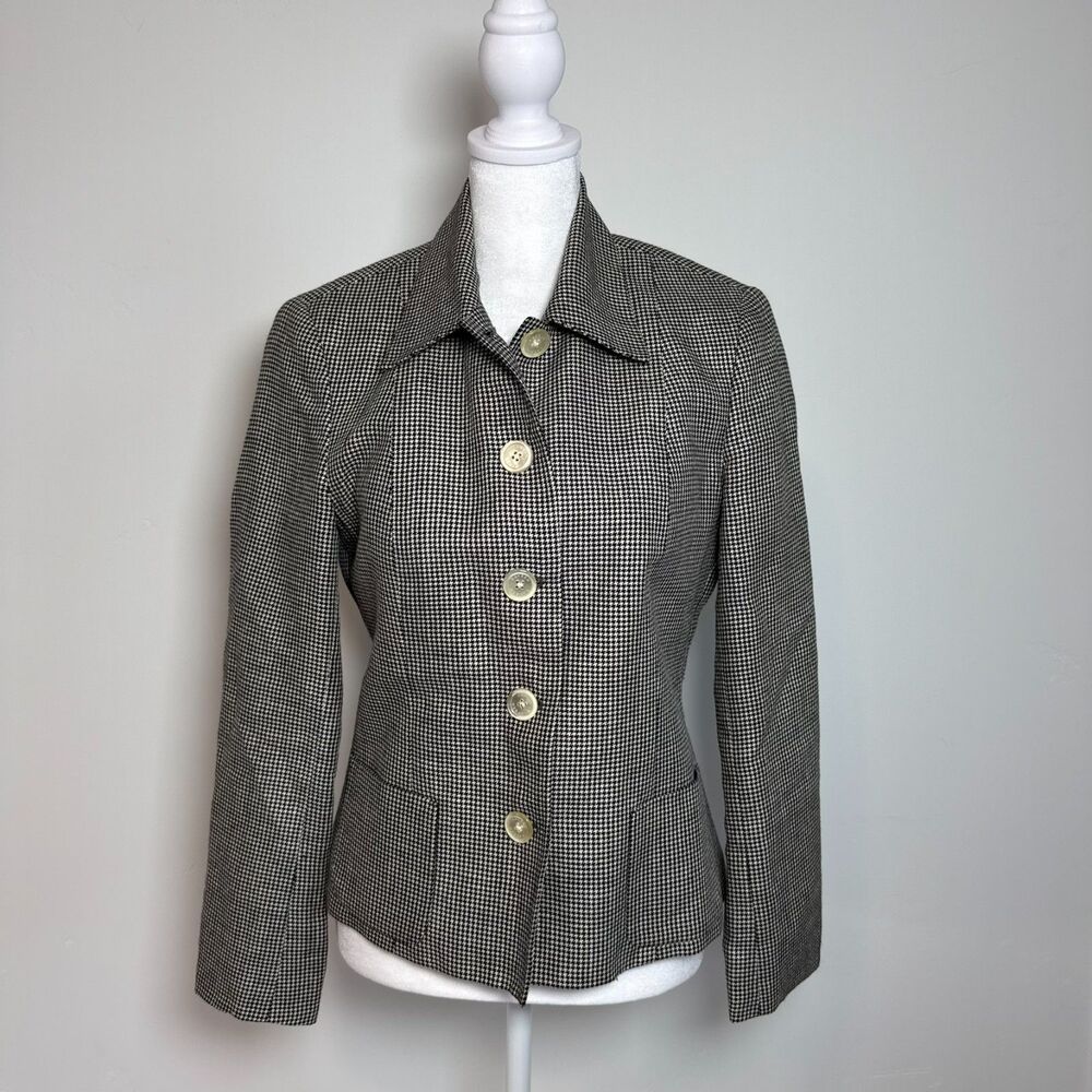 Lauren Ralph Lauren Houndstooth Blazer Linen Wool Jacket Black White Size 4